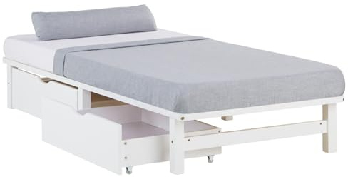 Homestyle4u Massivholzbett 90x200 Weiß mit 2 Schubladen & Matratze | Einzelbett aus Kiefer im Palettenbett-Design – inkl. Rolllattenrost & Komfortschaummatratze H2