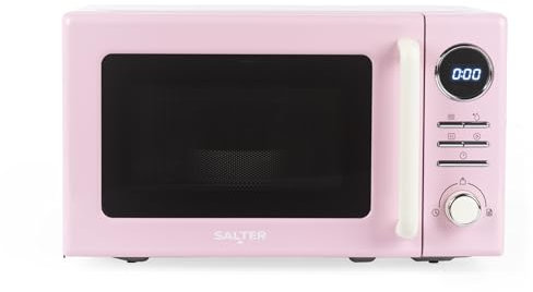 Salter Micro-ondes rétro numérique rose - 20 litres, dégivrage par temps/poids, plateau tournant en verre de 25,5 cm, minuterie de 95 minutes, 8 préréglages de cuisson automatique, four à micro-ondes