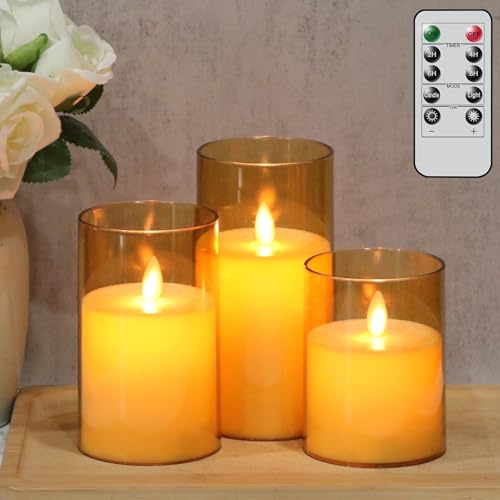 Eldnacele LED Kerzen mit Timerfunktion, Batteriebetriebene Kerzen mit Fernbedienung, flammenlose Kerzen, bewegliche Flamme, elektrische 3-teilige led Kerzen-Set, Art Zimmer Deko, Gold