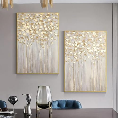 GOSRD Quadro moderno su tela con albero dei soldi dorato, dipinto a olio, stampato in stile nordico, con fiori di lusso, poster per l'arredamento del soggiorno, 60x90 cm, 2 pezzi senza cornice