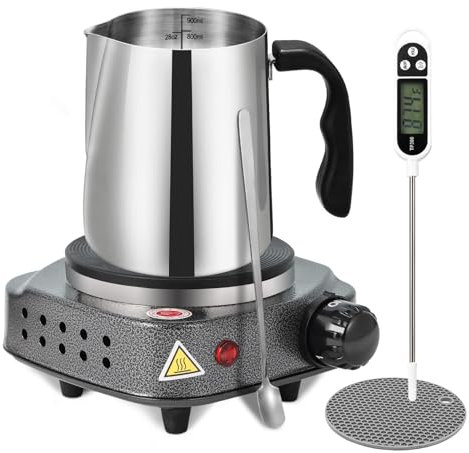 WaaYb Candle Making Kit, Wax Melter Pot for Candle Making, Electric Wax Melter with Electric Hot Plate, 900ML Stainless Steel Cup, Thermometer, Potholder, Spoon, Anti-scald Handle