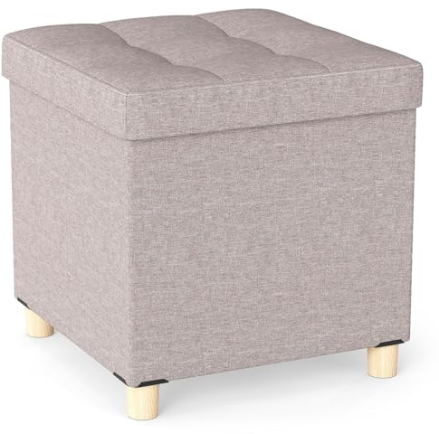 FANTASK Sitzhocker mit Stauraum, 45 x 45 x 45 cm, Aufbewahrungsbox mit gepolstertem Deckel & Gummibaumholzbeinen, Fußhocker aus Leinenstoff, für Wohnzimmer, Schlafzimmer, Beige