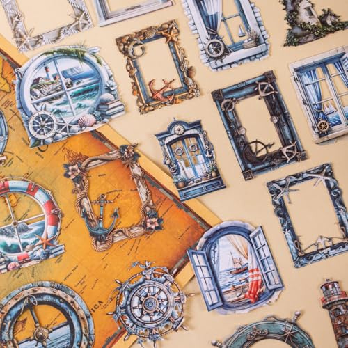 60 Pieces Vintage Maritime Themed Cardstock Cutout Frame Stickers, Aesthetic Scrapbook Stickers for DIY Diary Junk Journal Handbook Album Decoration Label Sticker Journaling Scrapbooking Supplies