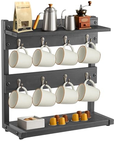 2-Tier Mug Tree with Storage Base 16-Hook Countertop Cup Holder Organizer | Display Organizer for Coffee Tea Mugs (Black with Shelves)