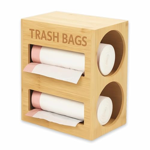 DIVCHI Bamboo Trash Bag Holder Dispenser Garbage Bag Roll Storage Container for Kitchen Cabinet Countertop & Under-Sink | Waste Bag Organiser | Carrier Bag Organizer (Natural, 2 Tier)