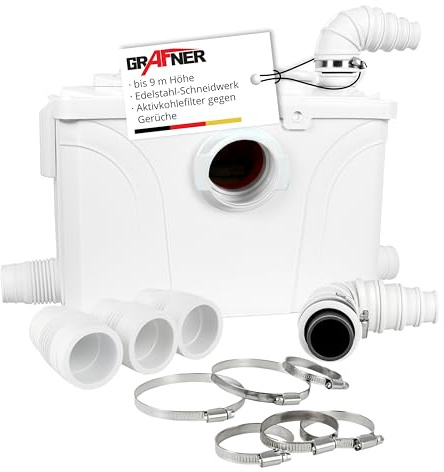 Grafner 4/1 Kleinhebeanlage 700W mit Häcksler & Aktivkohlefilter, Hebeanlage bis 9m Höhe, 4 Einlässe, 140L/min, Rückschlag, Abwasserhebeanlage WC, Dusche, Spüle, Keller Fäkalienhebeanlage