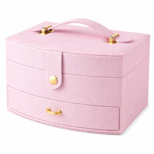 Top Sale Jewellery Box Organiser with Mirror and Drawer, Multi Layer Jewellery Storage Box for Rings Earrings Necklaces and Bracelets, Travel Jewellery Case, Pink Gift for Women