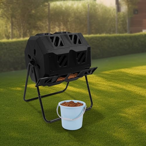 Composteur à double chambre - Bac à compost rotatif de 160 l - Composteur de cuisine - Composteur à tambour - Pour déchets de cuisine et plantes - 70 x 60 x 93 cm