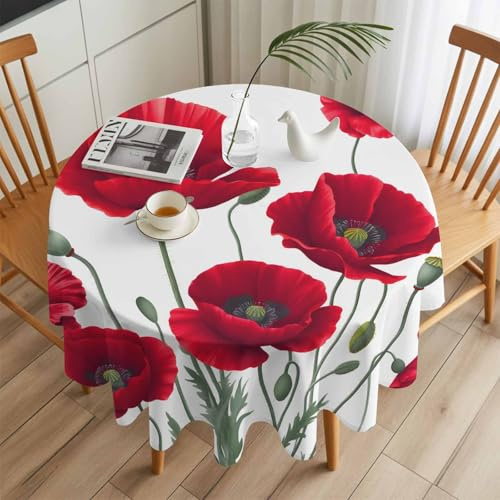 IDOWMAT Round Table Cloth 54 Inch, Spring Red Opium Poppy Flower Waterproof Spill Proof Tablecloth Summer Watercolor Plant Polyester Washable Oli-Proof Table Cloths for Parties Dining Room