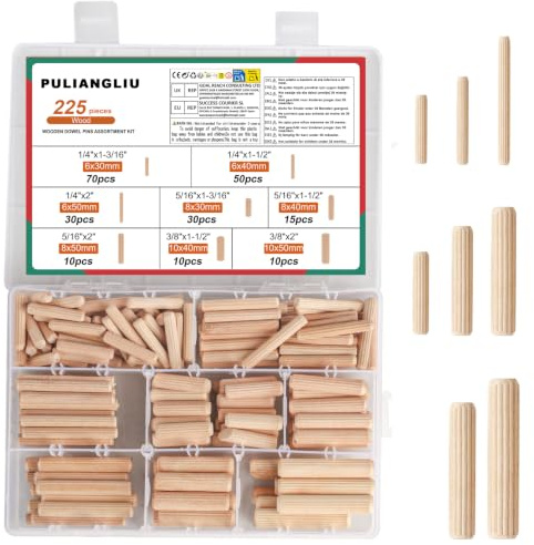 225 Pcs M6 M8 M10 Wooden Dowels Assorted, Hardwood Fluted Pins Plugs | Round Grooved Wood Dowling Rods for Furniture Woodwork, DIY Crafting, Cabinet Door Joints, Carpentry Building Projects