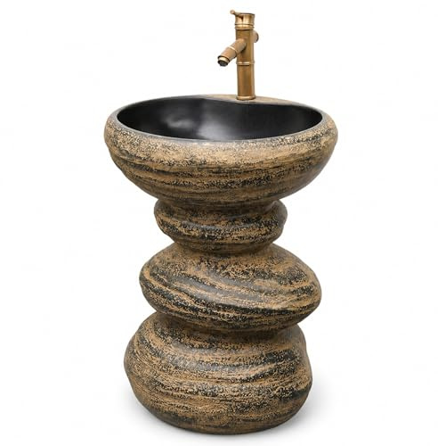 CHBCJJYP Lavabo da Esterno con Colonna e Rubinetto in Ottone, Lavabo da Giardino Autoportante in Pietra Artificiale, Resistente alle Intemperie per Patio, Cortile e Giardino