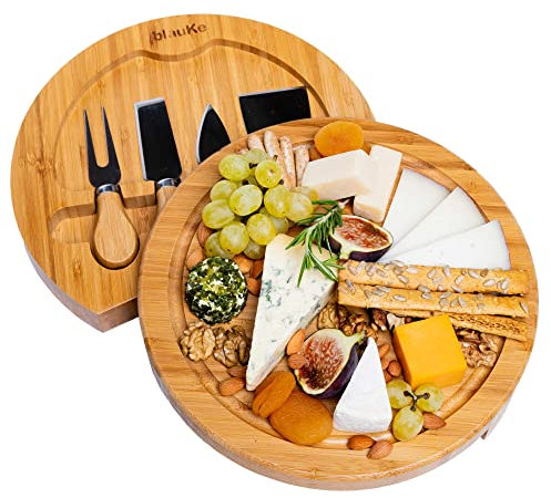 Bambus Käsebrett mit Käsemesser Set – 25cm Rund Servierplatte aus Holz für Käse und Häppchen – Cheese Board Charcuterie Board – Drehplatte Servierbrett aus Holz Käseplatte Drehbar – Geschenke Idee