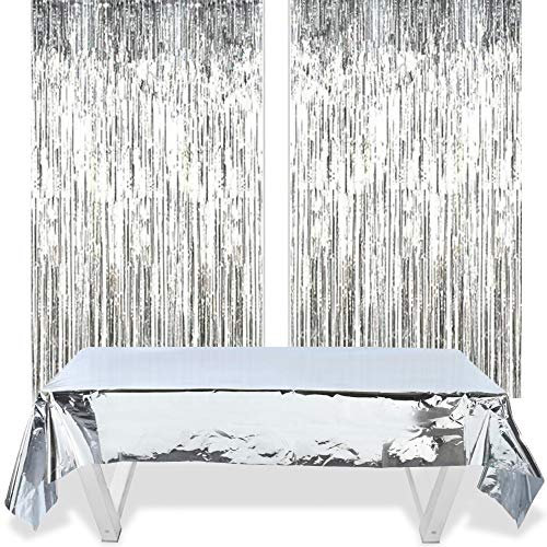 Lametta Vorhang Silber,Glitzer Vorhänge 2 Stück +Silber Tischdecke 1 Stück,Silber Party Vorhänge für Hochzeit JGA Geburtstag Bühne Halloween Weihnachten Decor