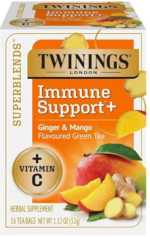 Twinings Superblends Immune Support+ Herbal Tea with Vitamin C, Ginger & Mango Flavoured Green Tea, 16 Tea Bags (Pack of 1), Enjoy Hot or Iced