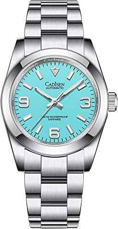 CADISEN Herren automatische Automatikuhr 36MM Elegante mechanische Uhr mit Saphirglas Edelstahl Armband (Blau)