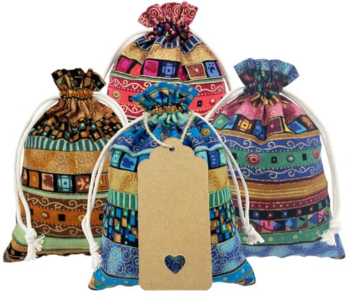DUGYIRS 32 Stück Jutesäckchen mit Kordelzug 13cm x 18cm Leinen Geschenktüten Ethnischer Kunststil Jutebeutel Schmuckbeutel Basteltaschen für Hochzeit Party