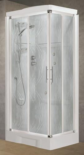 Novellini New Holiday A80 Hammam 80 x 80 cm Cabine de douche multifonction ouverture coulissante mitigeur mécanique verre Aqua profil blanc réversible bain à remous sauna tige montants haut 225,5 cm
