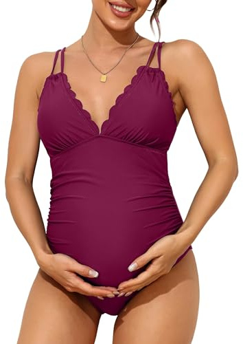 Charmo Women V Neck Pregnancy One Piece Bathing Suits Ruched Maternity Swimming Costume Red M