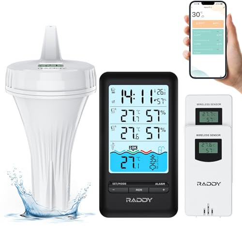 Raddy PT-3 Wi-Fi Pool Thermometer Schwimmendes, APP Fernüberwachung Leicht zu lesen, Großes Digitaldisplay, mit 2 zusätzliche Sensoren, für Innen- und Außenschwimmbad