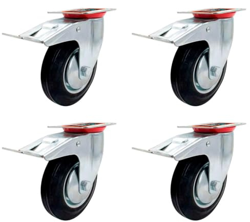 Tradineur - Pack de 4 ruedas giratorias con freno para muebles, goma y hierro, incluyen placa de montaje, rueda de transporte para cargas pesadas, industrial, peso máx. 100 kg, Ø 125 mm