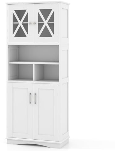GIANTEX MDF badrumskolumn, 4-dörrars högskåp för badrum, 3 justerbara hyllor, 3 öppna beteenden, vattentät design, förvaringsskåp 60 x 30 x 145 cm (vit)