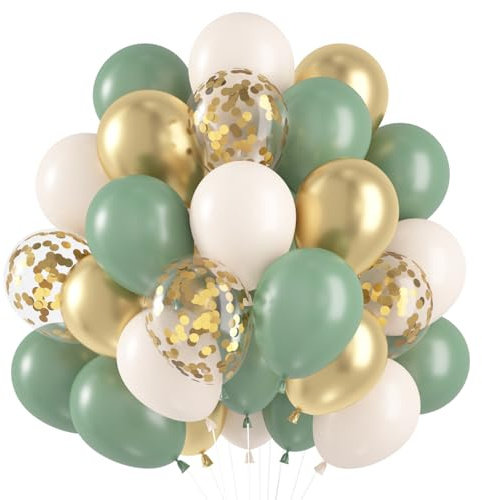 Luftballons Grün Gold, 60 Stück Grüne Luftballons Salbeigrün Beige Gold Helium Ballons Grüne Beige Latex Ballons Konfetti Luftballon Eukalyptus Grün für Geburtstag Babyparty Hochzeit Party Dekoration