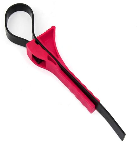 CABLEPELADO – Abridor de Tarros y Botellas con Correa Ajustable, Herramienta Multifuncional Antideslizante, 50,5 cm de Largo, Material Ecológico, Compatible con Vidrio y Plástico (Rojo/Negro)