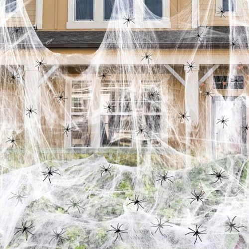 Augesak Decorazione Halloween Ragnatela 300g Ragnatele Decorazione di Halloween per Esterni con 50 Ragni Neri Decorazioni Realistica di Ragnatela per la Festa di Notte Horror Decorazioni
