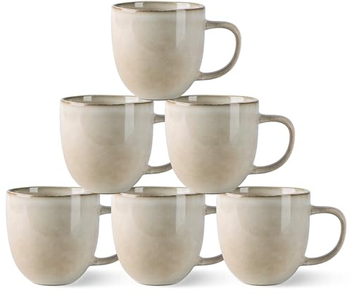 GBhome kaffekoppar av stengods 6 personer. 350 ml, kaffekoppar med stort handtag för latte, cappuccino, mjölk, kakao, diskmaskins- och mikrovågsugnssäker, cappuccino