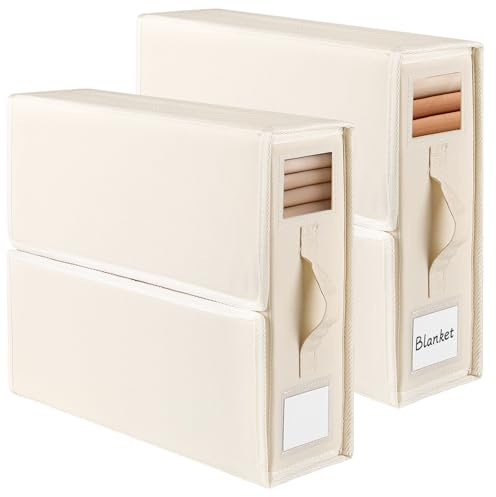 JAECU 2 Stück Aufbewahrung Bettwäsche Organizer, Faltbarer Aufbewahrungstasche für Bettlaken, Oxford-Stoff Aufbewahrungsbox Kann in Kleiderschrank, Unterbett und in Schubladen (Beige) | Faltbare Aufbewahrungstasche für Bettwäsche, mit transparenter Lasche, für Bettbezüge, Kissenbezüge, Decken, Beige