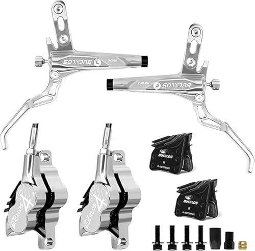 AEYINO VTT Kit de freins à disque hydraulique à 4 pistons avant 800 mm et arrière 1550 mm avec plaquettes de frein en céramique pour VTT (Silver)