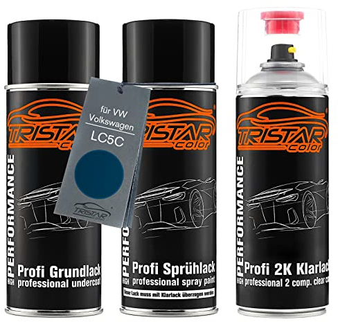 TRISTARcolor Autolack 2K Spraydosen Set für VW/Volkswagen LC5C Biscay Blue Perl/Sapphire Blue Perl Grundlack Basislack 2 Komponenten Klarlack Sprühdose