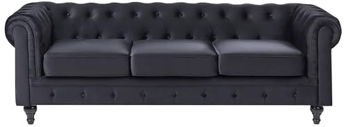 Beliani Sofá Chesterfield tapizado en Tela de Terciopelo Negro Patas de Madera Oscura 3 plazas Estilo clásico Chesterfield