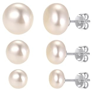 Silvora Set Pendientes Mujer Plata 925 Perlas Agua Dulce 6/8/10MM