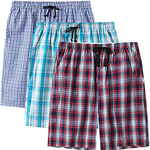 MoFiz Hombre Pantalón Corto de Pijama Casual Shorts a Cuadros de Algodón con Bolsillos 3 Pack- F, L