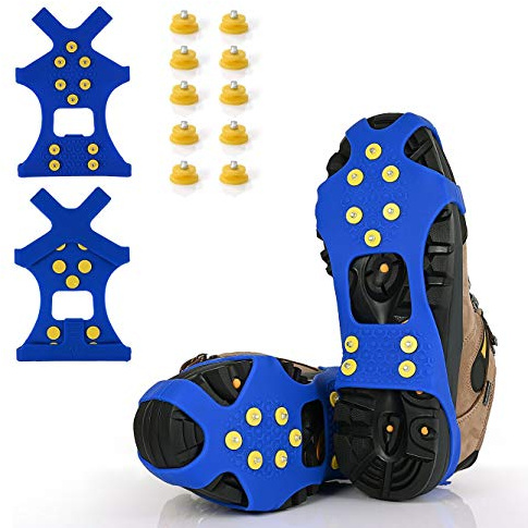 Ice Cleats, Ice Grips Traction Cleats Grippers Non-Slip Over Shoe/Boot Rubber Spikes Crampons with 10 Steel Studs Crampons Slip-on Stretch Footwear for Winter + 10 Extra Replacement Studs