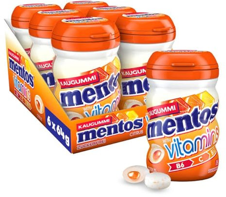 Mentos Kaugummi Vitamins Citrus, 6 Boxen zuckerfreie Chewing Gums mit Citrus-Geschmack, flüssiger Füllung & Vitamin B, B12 & C, Multipack (6 x 32 Stück)