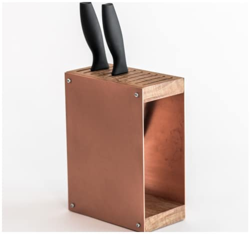 Knife Block Kitchen Holder Display Stand Storage Rack Made of Wood and Metal Rectangular messerblock Knife Organizer (Rosegold/Copper)