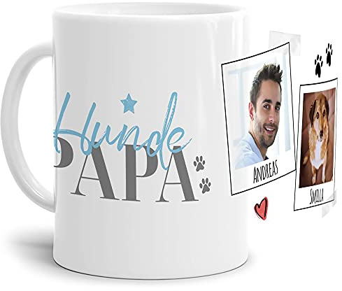 Tasse mit Spruch - Collage personalisieren - Hundepapa - Hundetasse - Für Hundeliebhaber und Hundebesitzer - 2 Bilder + 2 Namen, Weiß, 300 ml