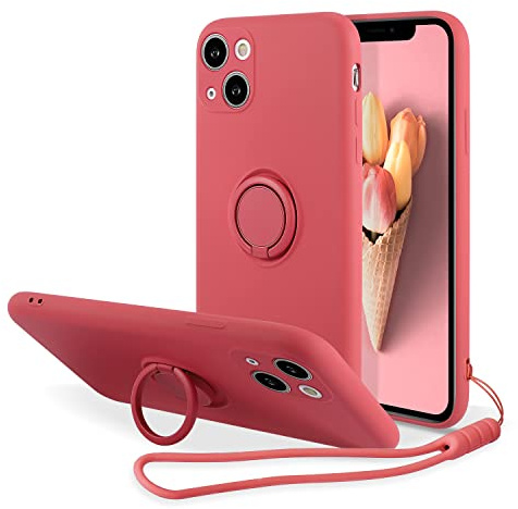 UEEBAI Case for iPhone 13 6.1 inch, Ultra Slim TPU Shockproof Case Liquid Silicone Case Rotatable Ring Holder Kickstand with Magnetic Car Mount Gel Rubber Cover Wrist Strap for iPhone 13 - Peach