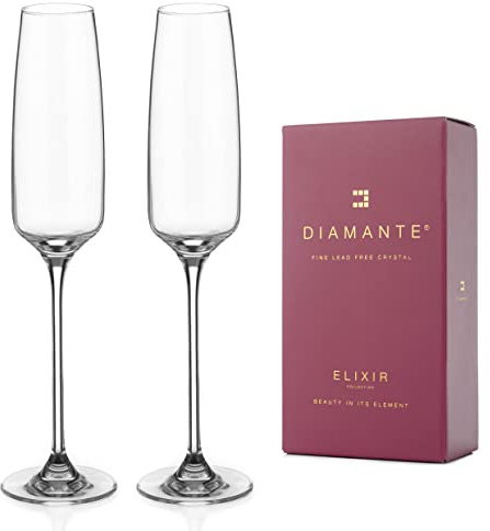 DIAMANTE Champagne Flutes Crystal Prosecco Glasses Set of 2 - ‘Hollywood’ Collection Undecorated Crystal - Set of 2