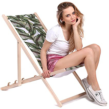 DreamRoots Bain de Soleil Pliable 130 kg en Bois de Hêtre - Chaise Longue Jardin Relax Extérieur - Chaise de Plage Pliable - Transat Jardin Exterieur - Tissu Lavable 100% Polyester 220 g/m2
