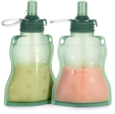 Haakaa Silicona Sacos de alimentos para bebés - Bolsas reutilizables para alimentos para bebés a presión,Verde, paquete de 2