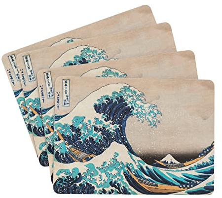 Grupo Erik: Set Sottopiatti The Great Wave of Kanagawa | Hokusai Collection: Set 4 tovagliette rettangolari con stampa decorativa, 28x20cm, retro in sughero e stampa resistente al calore