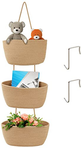 Belle Vous 3-Stufige Korb Aufbewahrung zum Aufhängen - Brauner Korb Geflochten aus Baumwollseil für Über der Tür/an der Wand - Schrank, Schlaf-, Kinder-, Wohn- & Badezimmer Aufbewahrung & Organisation
