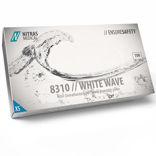 Nitras 8310 White WAVE puderfreie, unsterile, medizinische, lebensmittelgeeignete Nitril-Einmalhandschuhe Farbe weiß, 100 Stück im Spenderkarton Größe XS