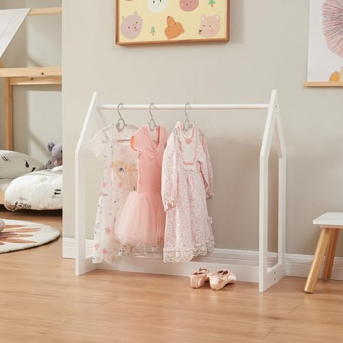 [en.casa] Stand Appendiabiti per Bambini Porta Abiti a Forma di Casetta Organizzatore Guardaroba a Misura di Bimbi Porta Vestiti per Cameretta 78x75x35 cm Bianco