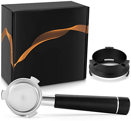 Geschenkbox, freihändiger Dosiertrichter, eloxiertes Aluminium, 51 mm, bodenloser Siebträger, kompatibel mit Delonghi 9er-Serie, Edelstahl-Espressomaschine, Holzgriff, 2 Tassen, Filter, schwarz,