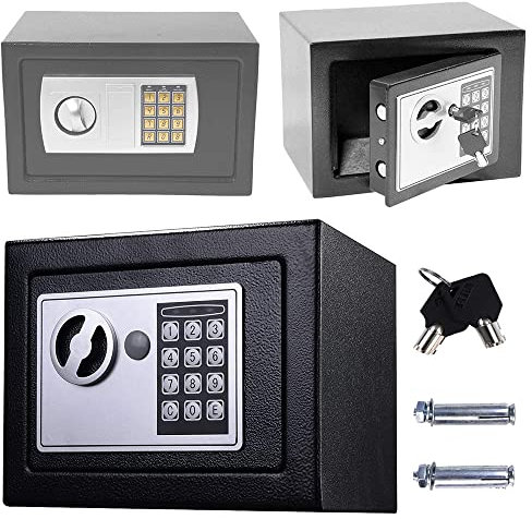 Klein Tresor Elektronik Safe Wasserdichte Sicherheitsbox Digital Heimtresor mit 2x Notschlüssel, Doppelbolzenverriegelung, für Munition Waffen Bargeld Schmuck Dokumente, 4.6L, Grau