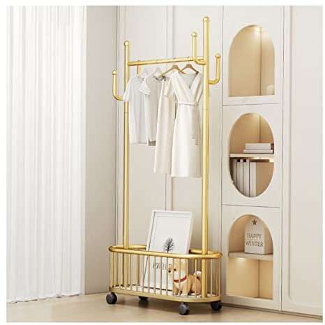Hallenbaum mit Haken Einzelne aufgeräumte Schienen Robuster Kleiderständer aus Metall Freistehender Kleiderbügel Mobiler Kleiderwagen Mit unterem Aufbewahrungskorb für Schlafzimmer ( Color : Gold , Si